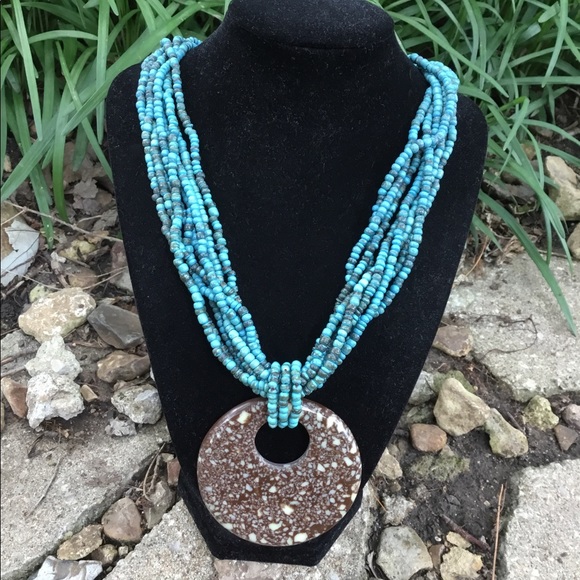Turquoise Beaded Necklace with Stone Pendant - Picture 1 of 6